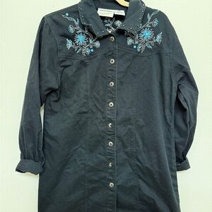 Michael Simon Black Shirt Dress with Blue Beaded Embroidery